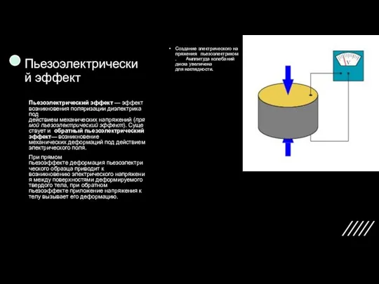 Пьезоэлектрический эффект Создание электрического напряжения пьезоэлектриком. Амплитуда колебаний диска увеличена для