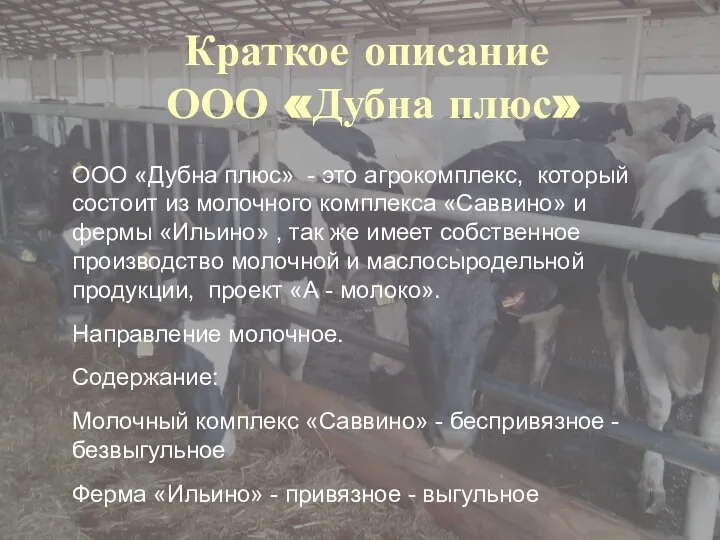 Краткое описание ООО «Дубна плюс» ООО «Дубна плюс» - это агрокомплекс,