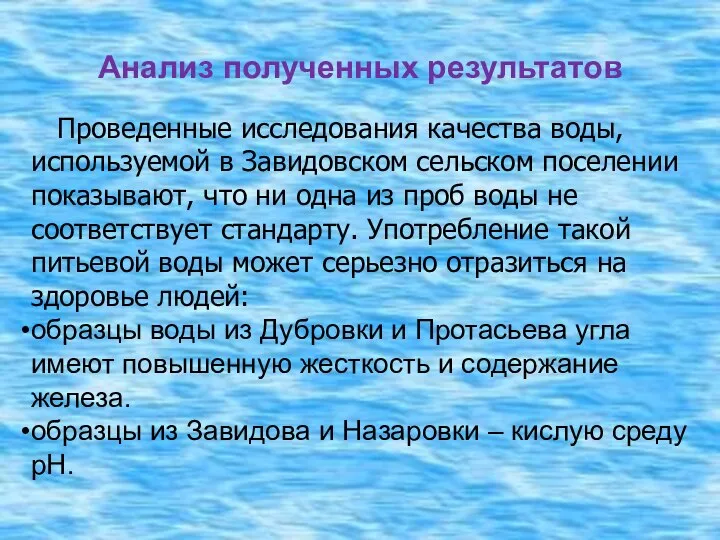 Анализ полученных результатов Проведенные исследования качества воды, используемой в Завидовском сельском