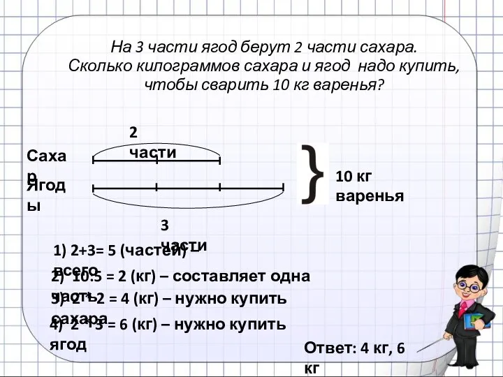 Сахар Ягоды 2 части 3 части 1) 2+3= 5 (частей) –