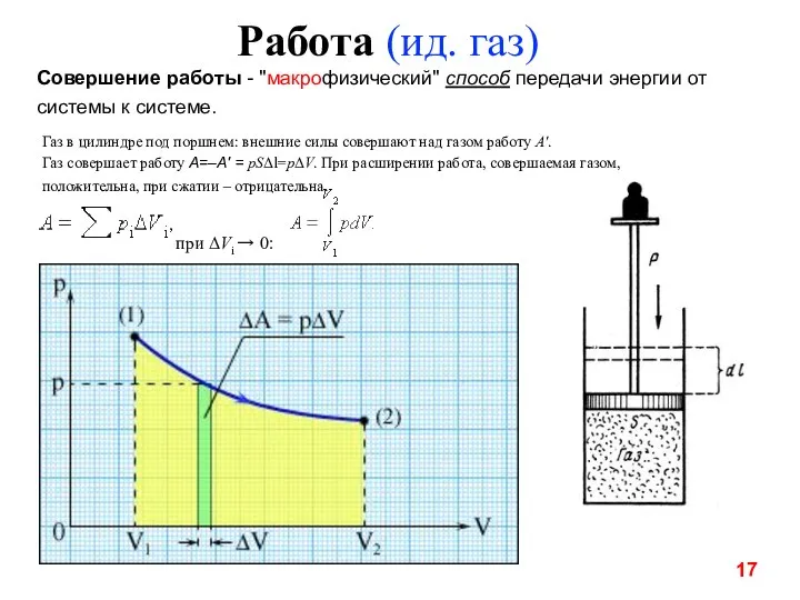 Работа (ид. газ) Совершение работы - "макрофизический" способ передачи энергии от