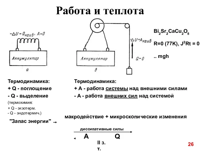 26 Работа и теплота Термодинамика: + Q - поглощение - Q