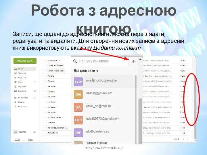 Робота з адресною книгою http://urok-informatiku.ru/ Записи, що додані до адресної книги,