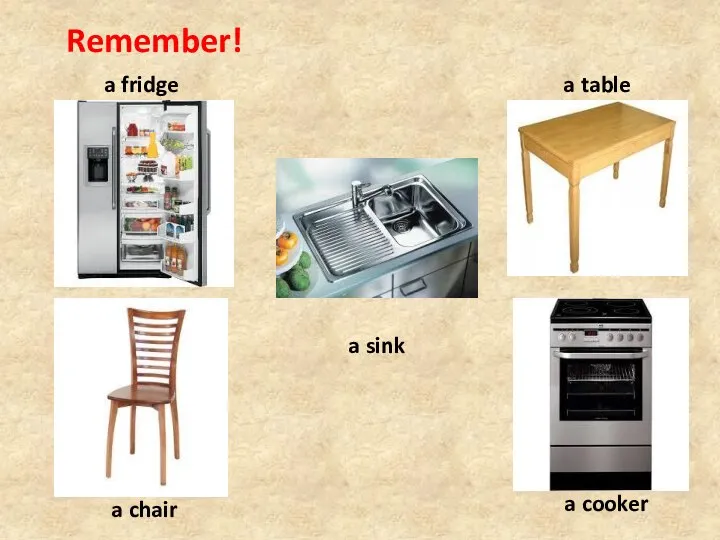 Remember! a fridge a table a chair a sink a cooker