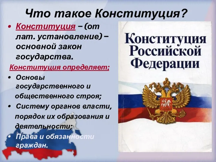 Что такое Конституция? Конституция – (от лат. установление) – основной закон