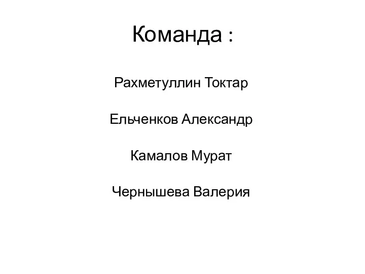 Команда : Рахметуллин Токтар Ельченков Александр Камалов Мурат Чернышева Валерия