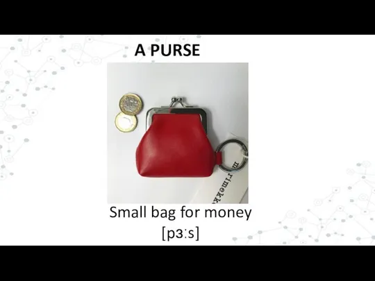 A PURSE Small bag for money [pɜːs]