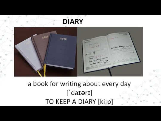 DIARY a book for writing about every day [ˈdaɪərɪ] TO KEEP A DIARY [kiːp]