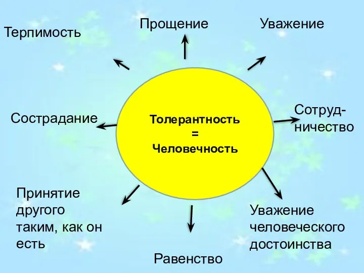 Прощение Уважение Сотруд- ничество Уважение человеческого достоинства Равенство Сострадание Терпимость Принятие другого таким, как он есть