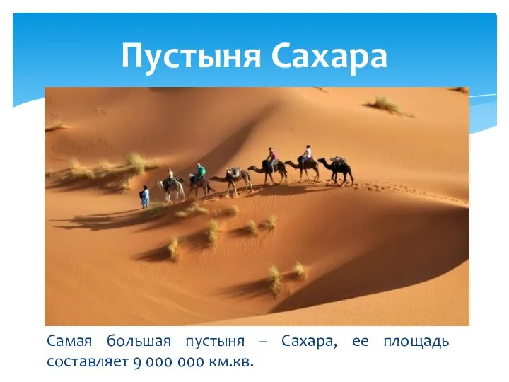 Самая большая пустыня – Сахара, ее площадь составляет 9 000 000 км.кв. Пустыня Сахара