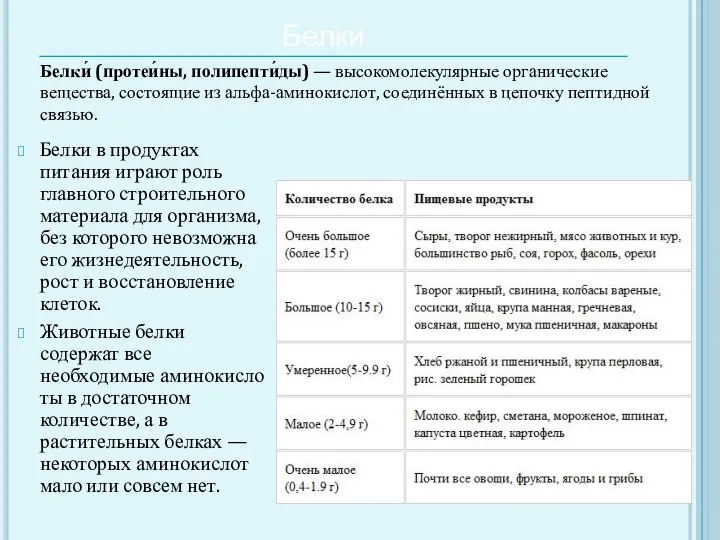 Белки Белки в продуктах питания играют роль главного строительного материала для