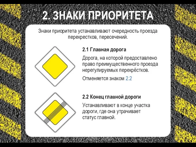 2. ЗНАКИ ПРИОРИТЕТА 2.1 Главная дорога Дорога, на которой предоставлено право