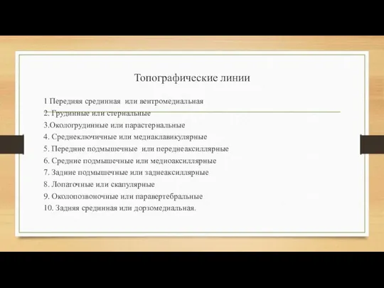 Топографические линии 1 Передняя срединная или вентромедиальная 2. Грудинные или стернальные