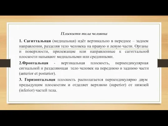 Плоскости тела человека 1. Сагиттальная (медиальная) идёт вертикально в переднее –