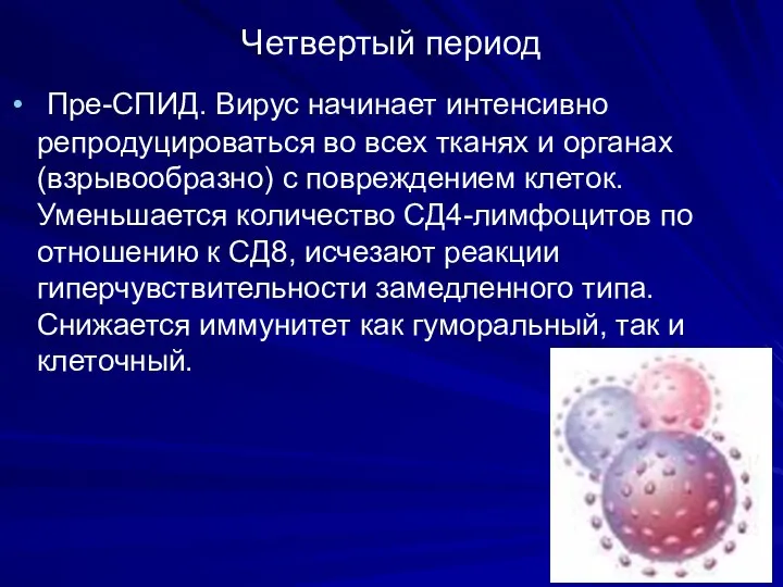 Четвертый период Пре-СПИД. Вирус начинает интенсивно репродуцироваться во всех тканях и