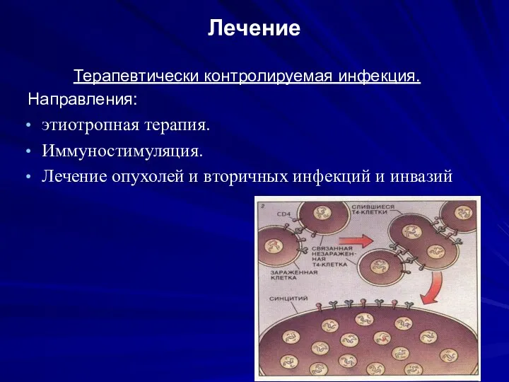 Лечение Терапевтически контролируемая инфекция. Направления: этиотропная терапия. Иммуностимуляция. Лечение опухолей и вторичных инфекций и инвазий