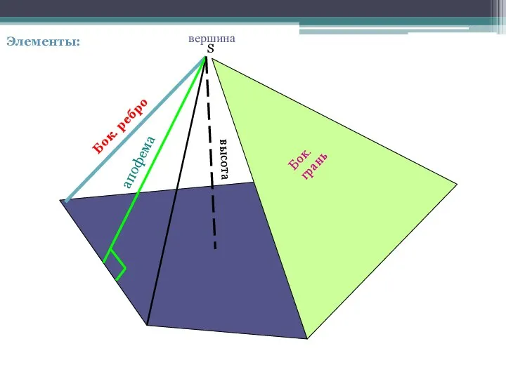 Бок. ребро апофема высота Бок. грань вершина S Элементы:
