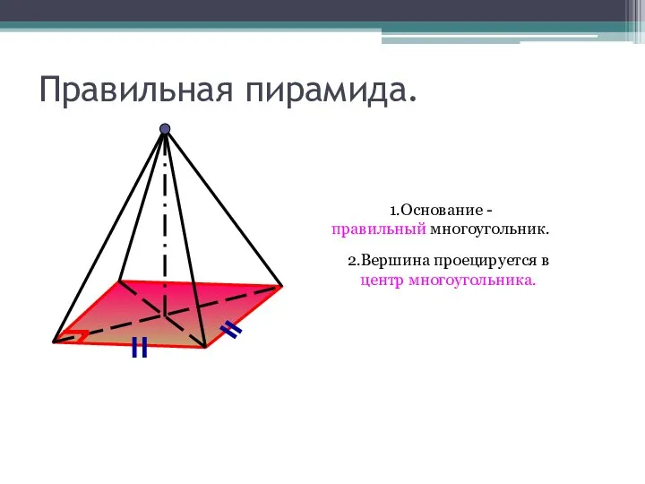 Правильная пирамида. 1.Основание - правильный многоугольник. 2.Вершина проецируется в центр многоугольника.