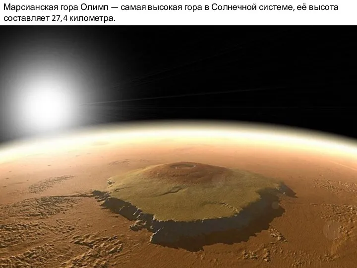 Марсианская гора Олимп — самая высокая гора в Солнечной системе, её высота составляет 27,4 километра.