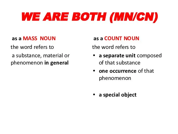 WE ARE BOTH (MN/CN) as a MASS NOUN the word refers