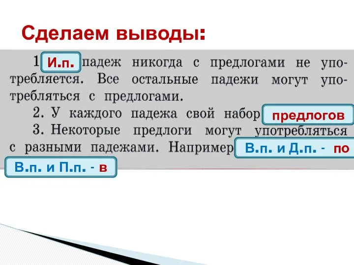 Сделаем выводы: И.п. предлогов В.п. и Д.п. - по В.п. и П.п. - в