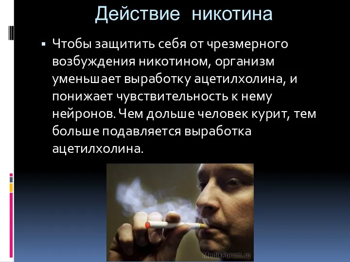 Действие никотина Чтобы защитить себя от чрезмерного возбуждения никотином, организм уменьшает
