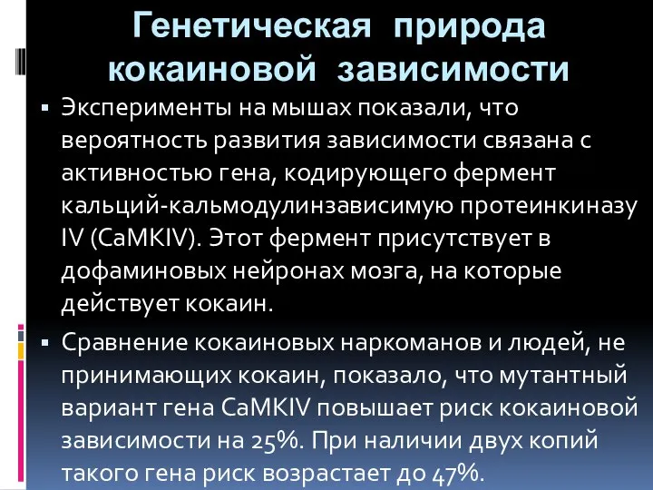 Генетическая природа кокаиновой зависимости Эксперименты на мышах показали, что вероятность развития