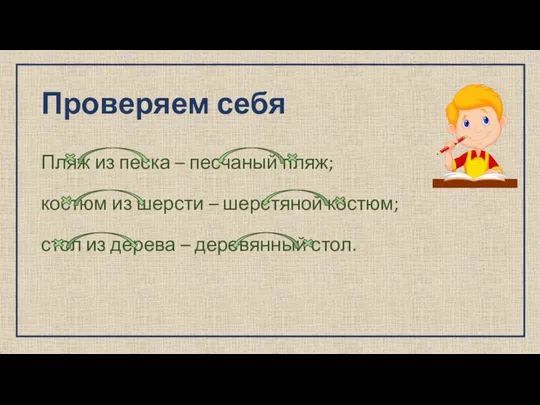 Проверяем себя Пляж из песка – песчаный пляж; костюм из шерсти