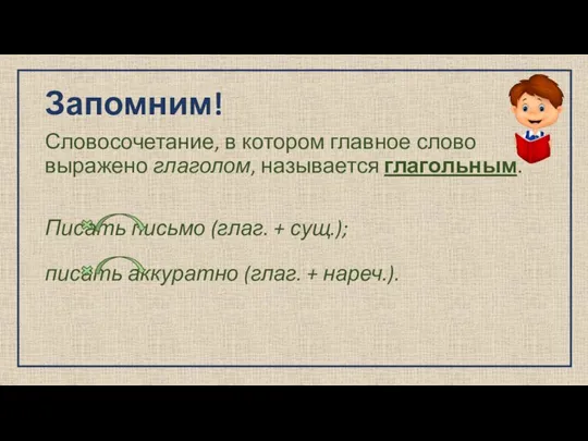 Запомним! Словосочетание, в котором главное слово выражено глаголом, называется глагольным. Писать