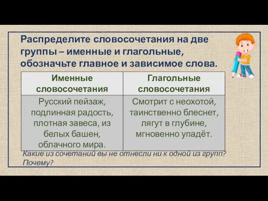 Распределите словосочетания на две группы – именные и глагольные, обозначьте главное