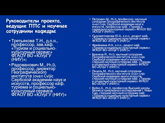 Руководители проекта, ведущие ППС и научные сотрудники кафедры Третьякова Т.Н., д.п.н.,