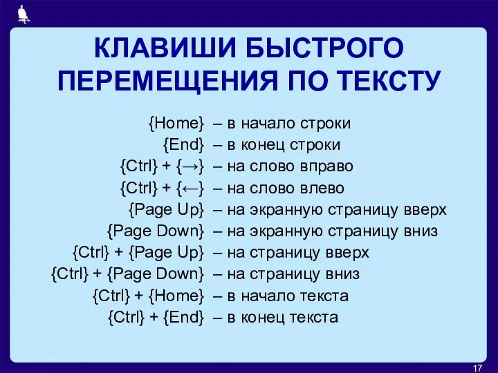 КЛАВИШИ БЫСТРОГО ПЕРЕМЕЩЕНИЯ ПО ТЕКСТУ {Home} {End} {Ctrl} + {→} {Ctrl}