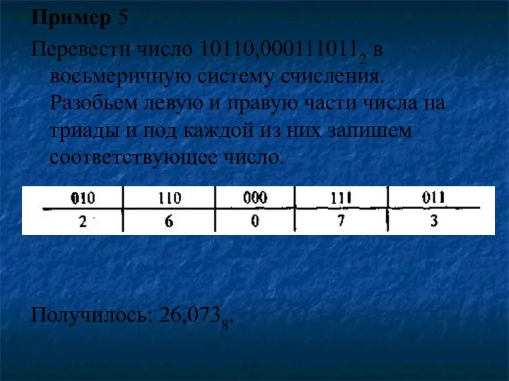 Пример 5 Перевести число 10110,0001110112 в восьмеричную систему счисления. Разобьем левую