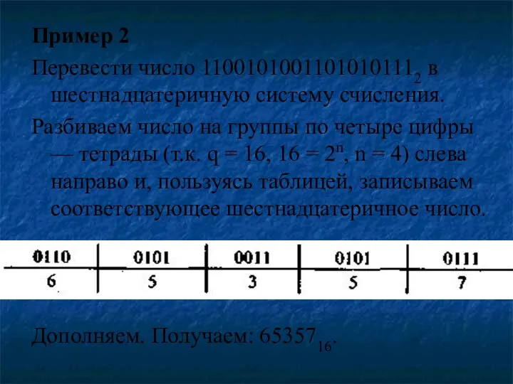 Пример 2 Перевести число 11001010011010101112 в шестнадцатеричную систему счисления. Разбиваем число