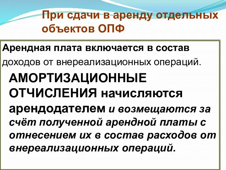 При сдачи в аренду отдельных объектов ОПФ Арендная плата включается в