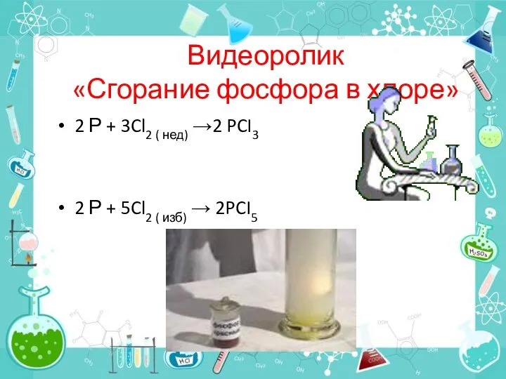 Видеоролик «Сгорание фосфора в хлоре» 2 Р + 3Cl2 ( нед)