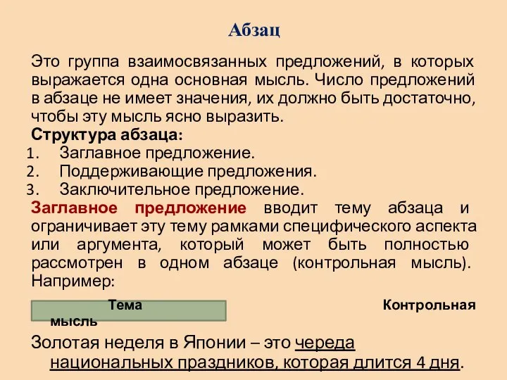 Абзац Это группа взаимосвязанных предложений, в которых выражается одна основная мысль.