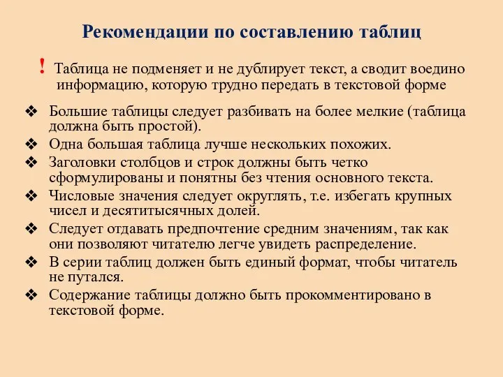 Рекомендации по составлению таблиц ! Таблица не подменяет и не дублирует