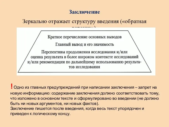 Заключение Зеркально отражает структуру введения («обратная воронка»). ! Одно из главных