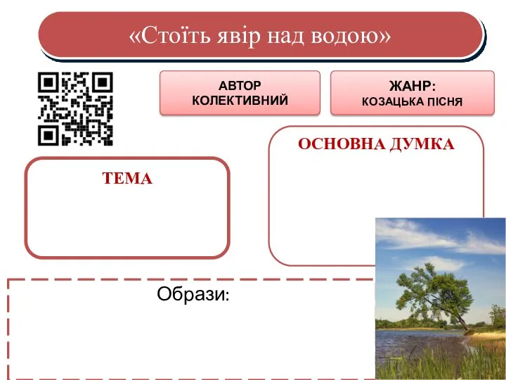 «Стоїть явір над водою» ТЕМА ОСНОВНА ДУМКА ЖАНР: КОЗАЦЬКА ПІСНЯ Образи: АВТОР КОЛЕКТИВНИЙ