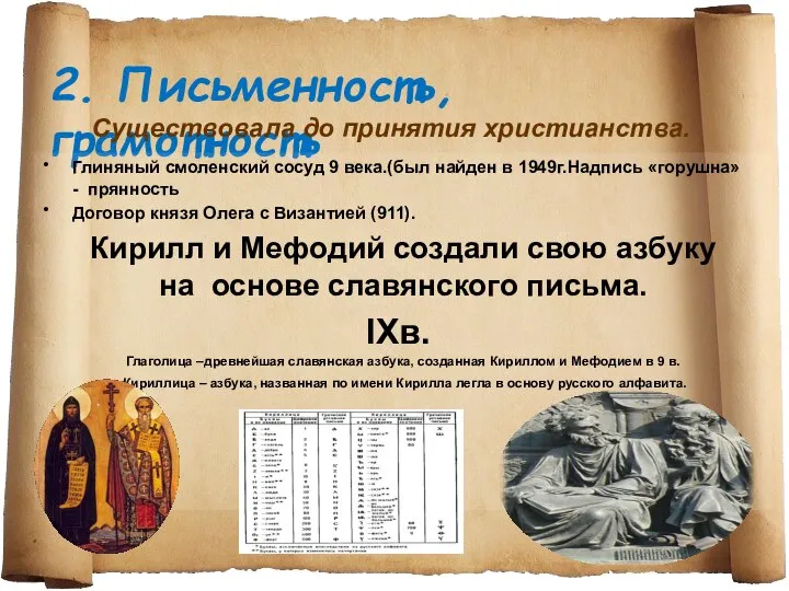 2. Письменность, грамотность Существовала до принятия христианства. • • Глиняный смоленский