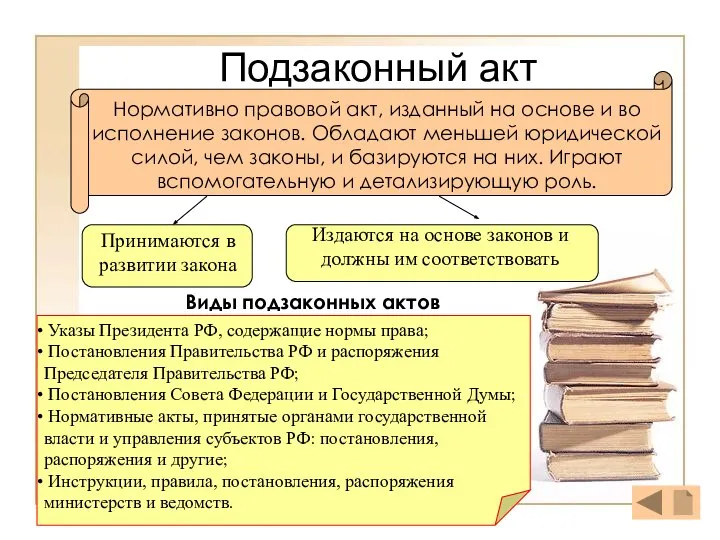 Подзаконный акт Нормативно правовой акт, изданный на основе и во исполнение