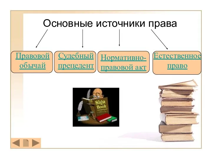 Основные источники права Правовой обычай Судебный прецедент Нормативно-правовой акт Естественное право