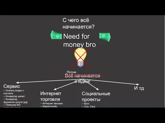 Всё начинается с идеи! Need for money bro Потом Сервис --