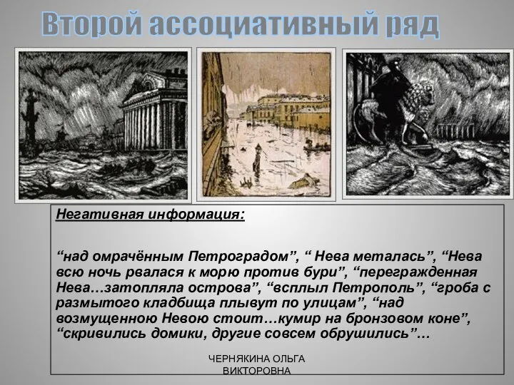 Негативная информация: “над омрачённым Петроградом”, “ Нева металась”, “Нева всю ночь