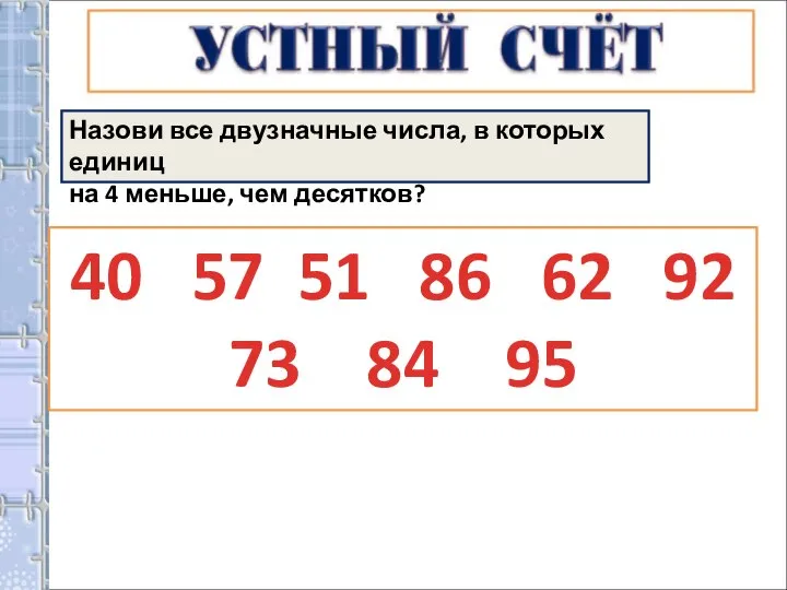 Назови все двузначные числа, в которых единиц на 4 меньше, чем