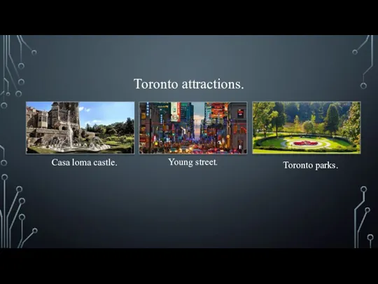 Toronto attractions. Casa loma castle. Young street. Toronto parks.