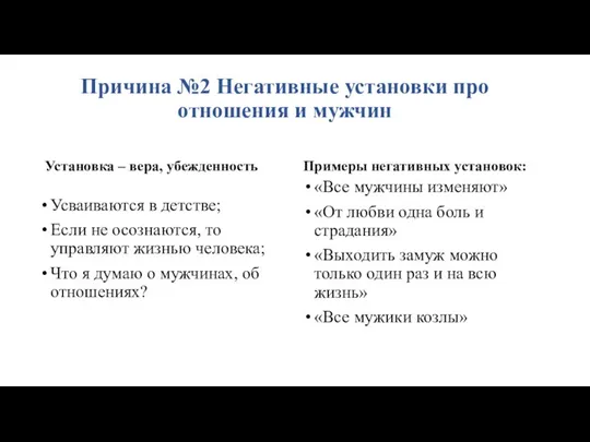 Причина №2 Негативные установки про отношения и мужчин Установка – вера,