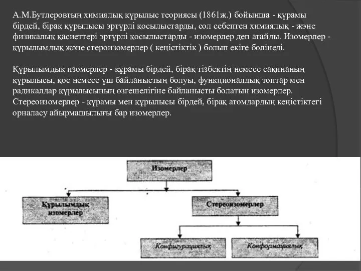 А.М.Бутлеровтың химиялық қүрылыс теориясы (1861ж.) бойынша - қүрамы бірдей, бірақ қүрылысы