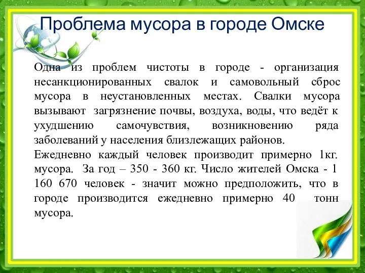 Проблема мусора в городе Омске Одна из проблем чистоты в городе